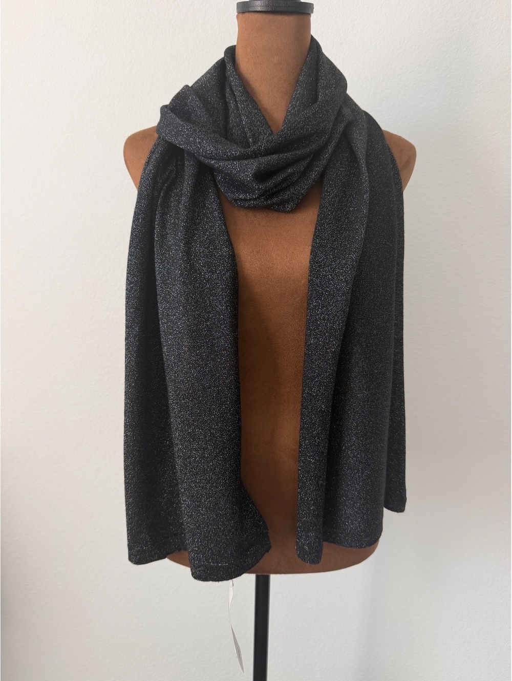 Eileen Fisher NWT One Size Black/Silver Merino Wool Blend Scarf, 77"x13.5"